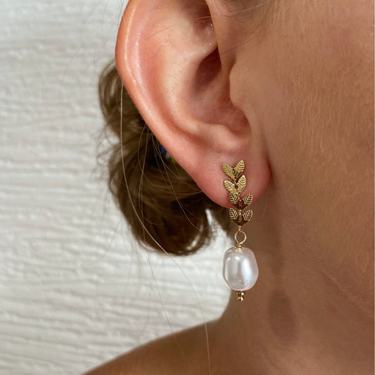 Kolczyki Ze Stali Chirurgicznej Mesini Premium LEAVES & PEARL