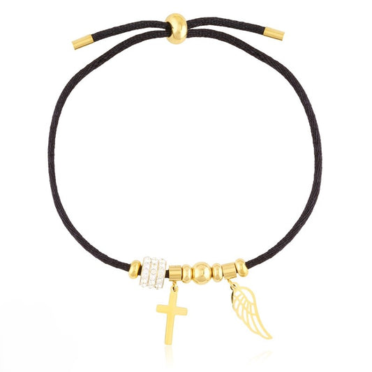 Bransoletka Ze Stali Chirurgicznej Mesini Czarny Sznurek Skrzydło